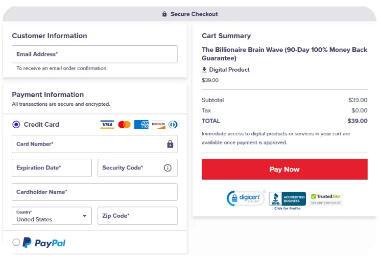 Billionaire Brain Wave Checkout Page